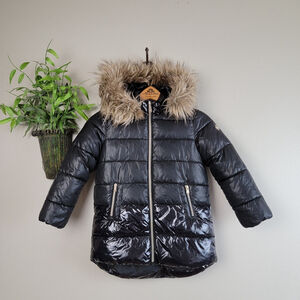 Michael Kors Coat Puffer Faux Fur Hood Black Patent Jacket Girls Kids 5 6